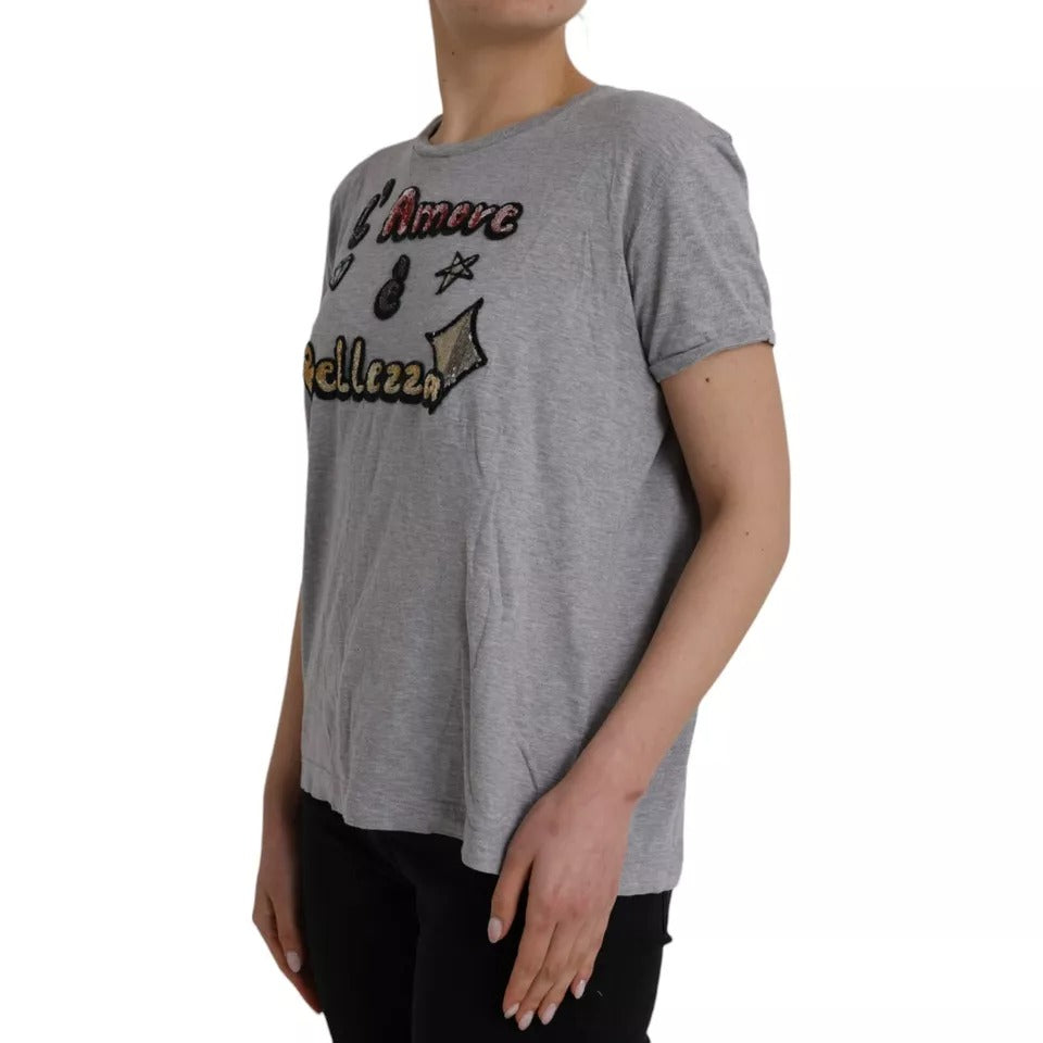 Grey short sleeve shirt with graphic design on front