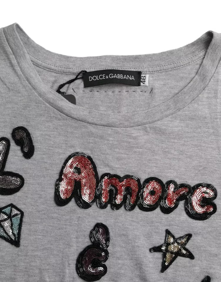Grey shirt with embroidered words "amore" in red and black thread
