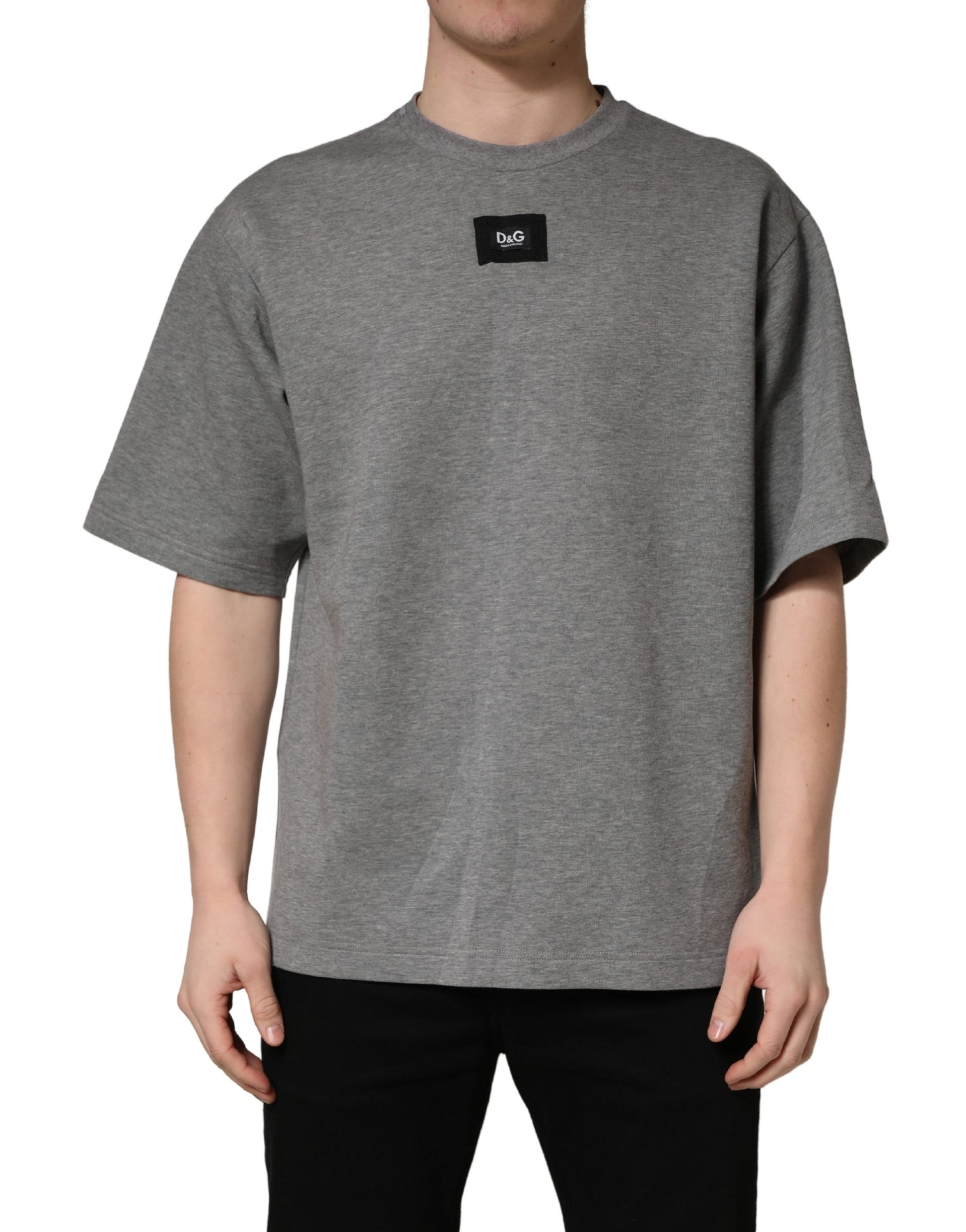 Men's gray cotton crew neck t-shirt with logo applique
