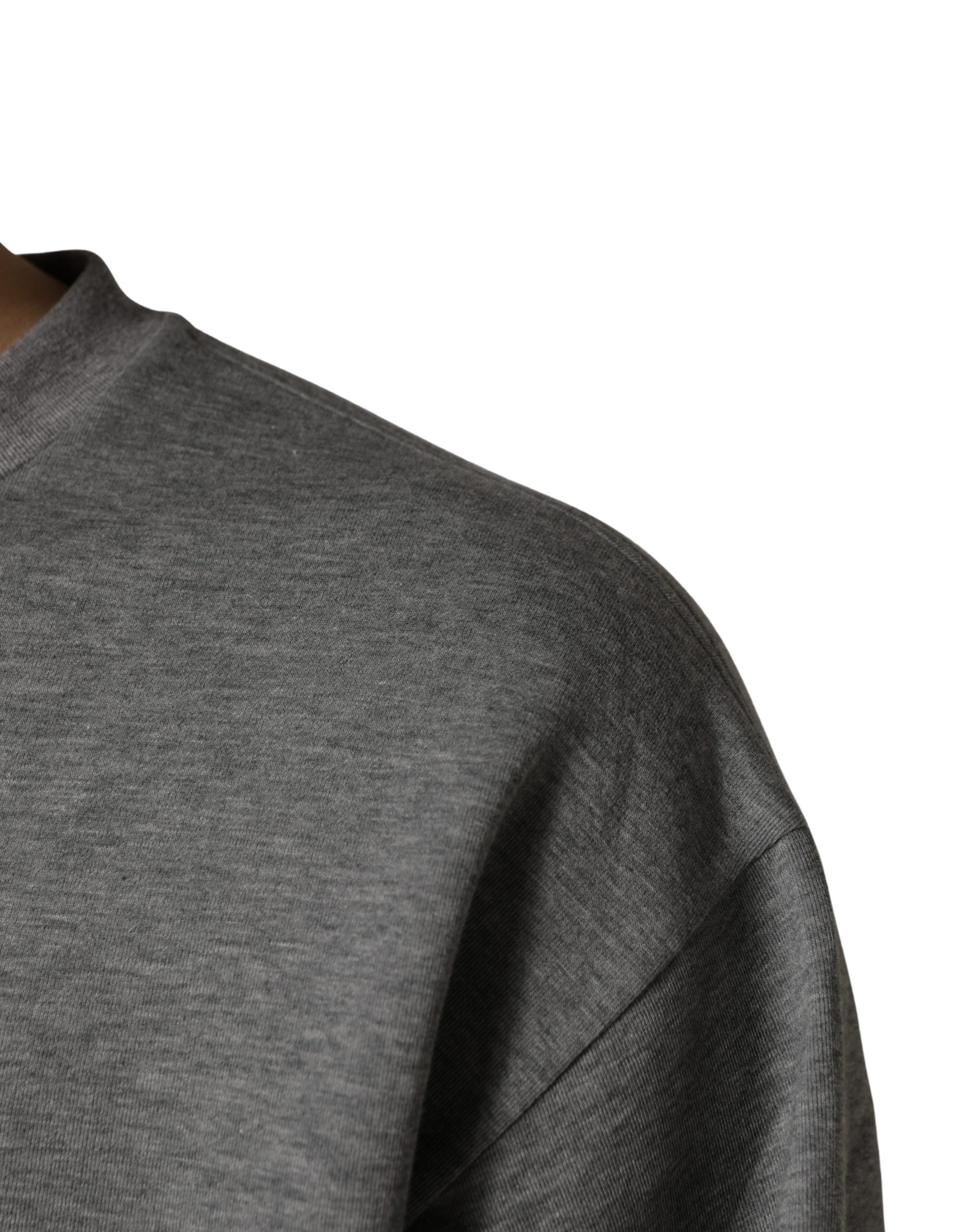 A gray cotton crew neck t-shirt with logo applique on the front