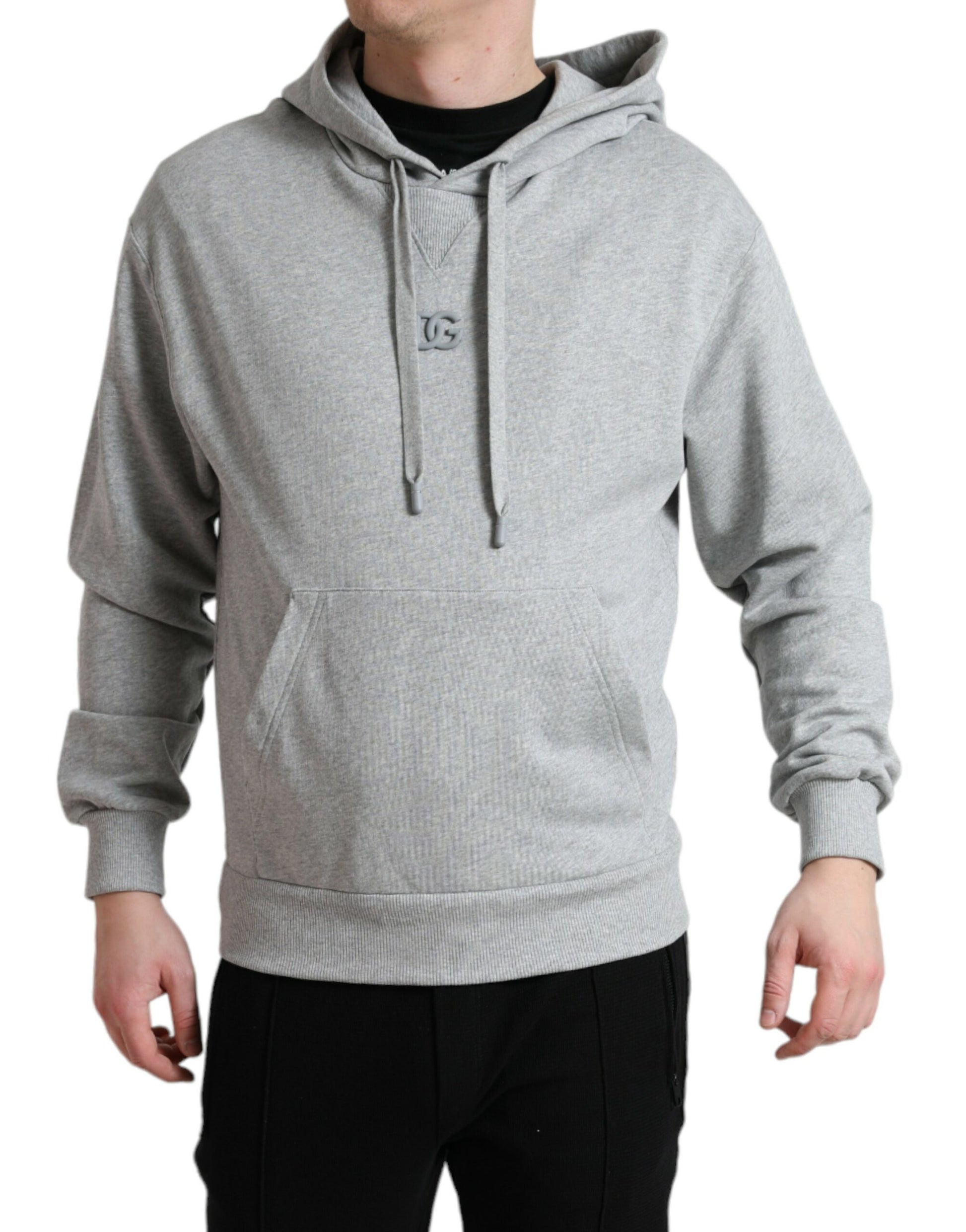 Grey hoodie with white stripes on sleeves