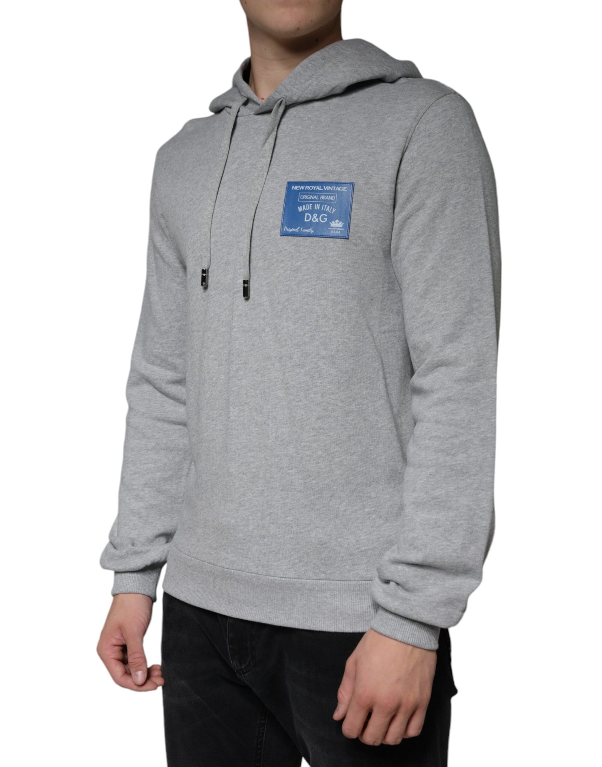 Grey hoodie with blue logo on front