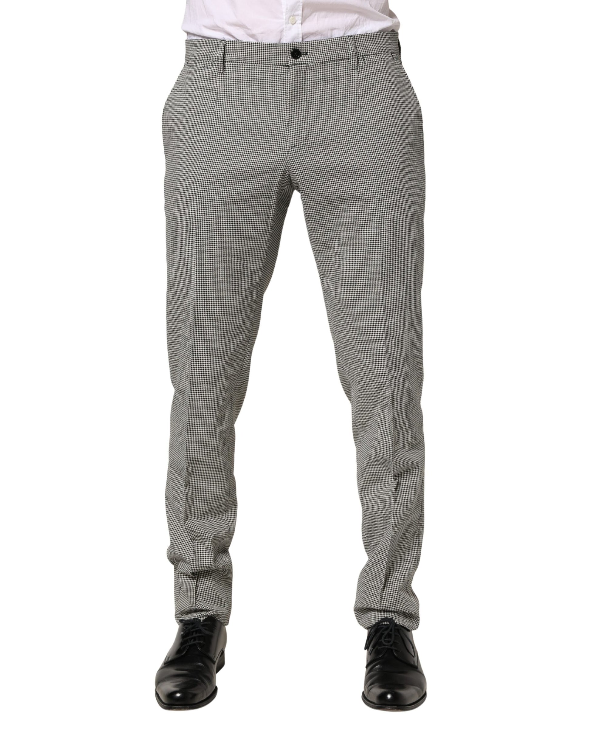 Men's gray cotton skinny dress pants with a checkered pattern