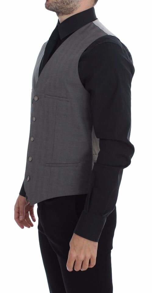 A gray cotton vest with a slim fit and button front