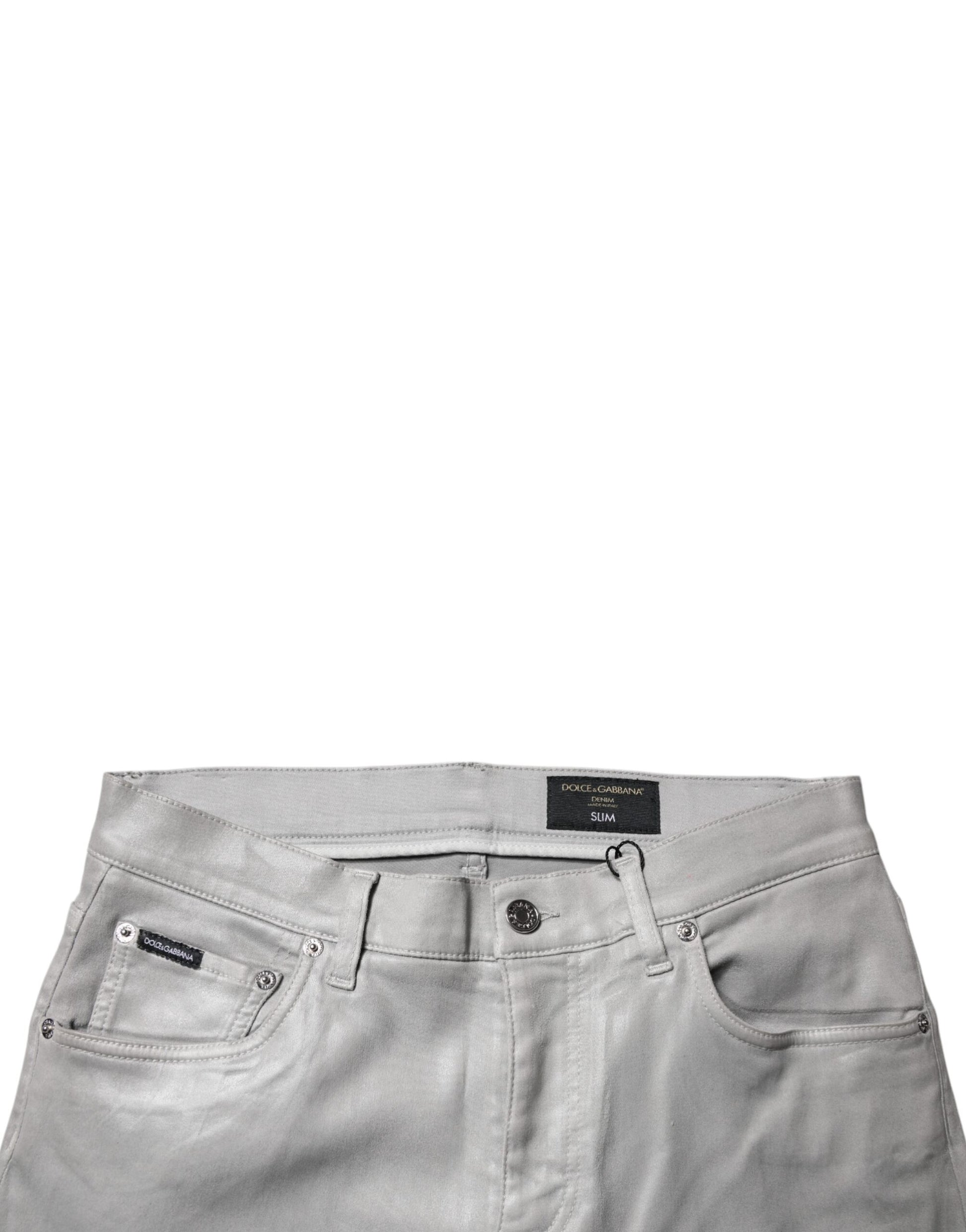 Pair of light grey women's jeans with visible brand label on waistband