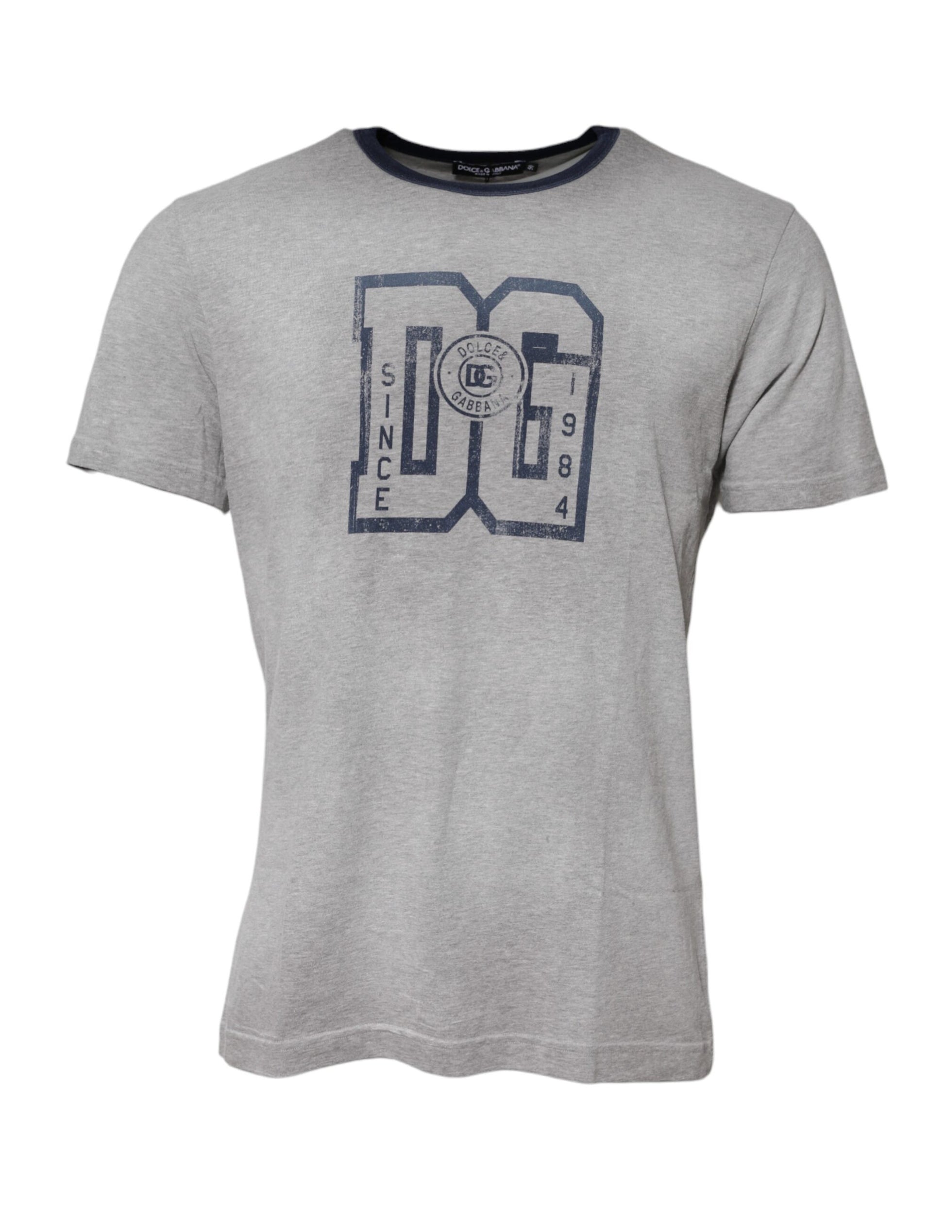 Grey short sleeve t-shirt with blue lettering