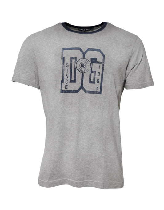Grey short sleeve t-shirt with blue lettering