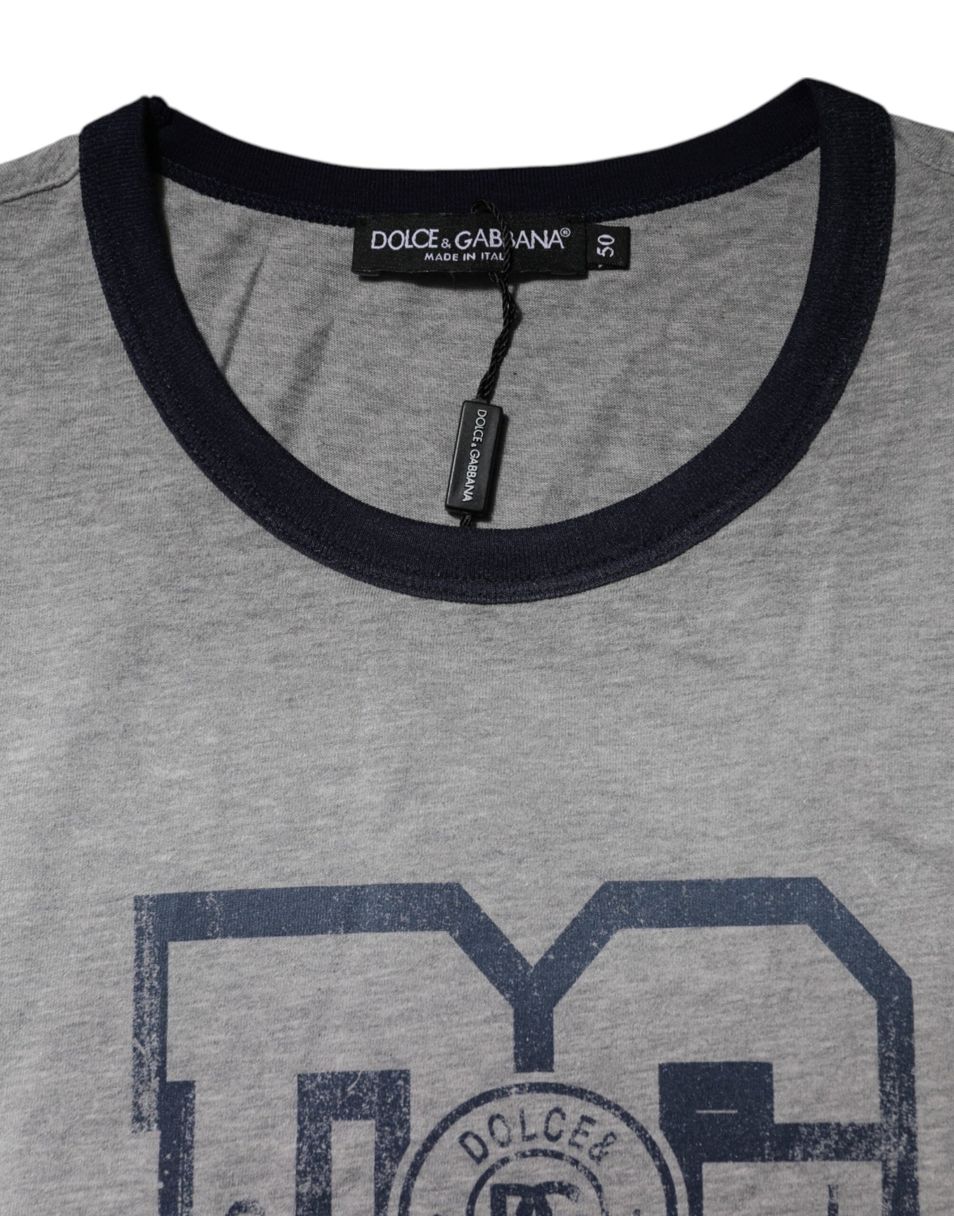 Grey t-shirt with blue lettering and logo