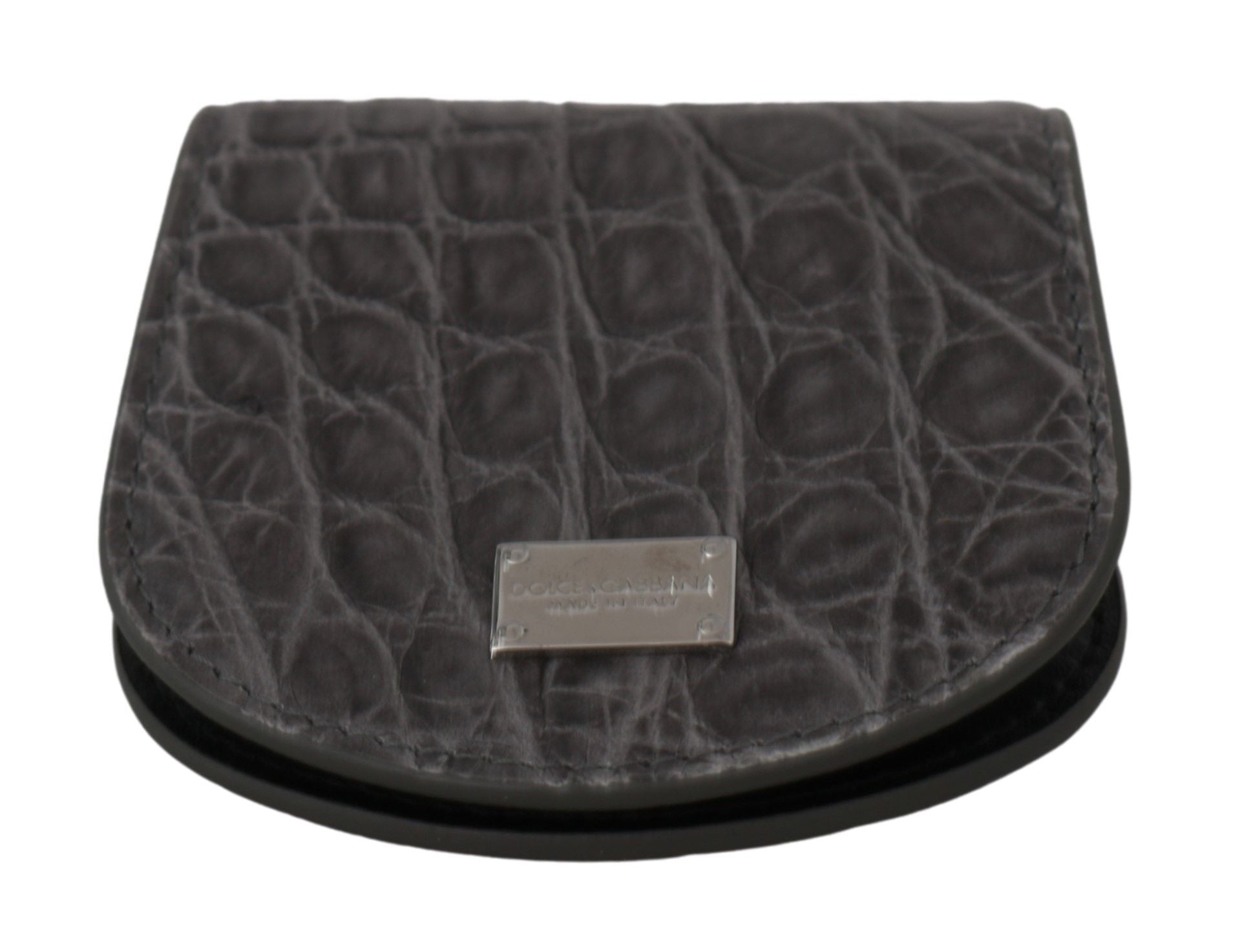Black leather wallet with silver logo on front