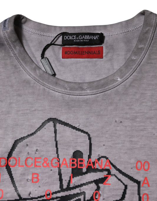 Grey t-shirt with red logo on front