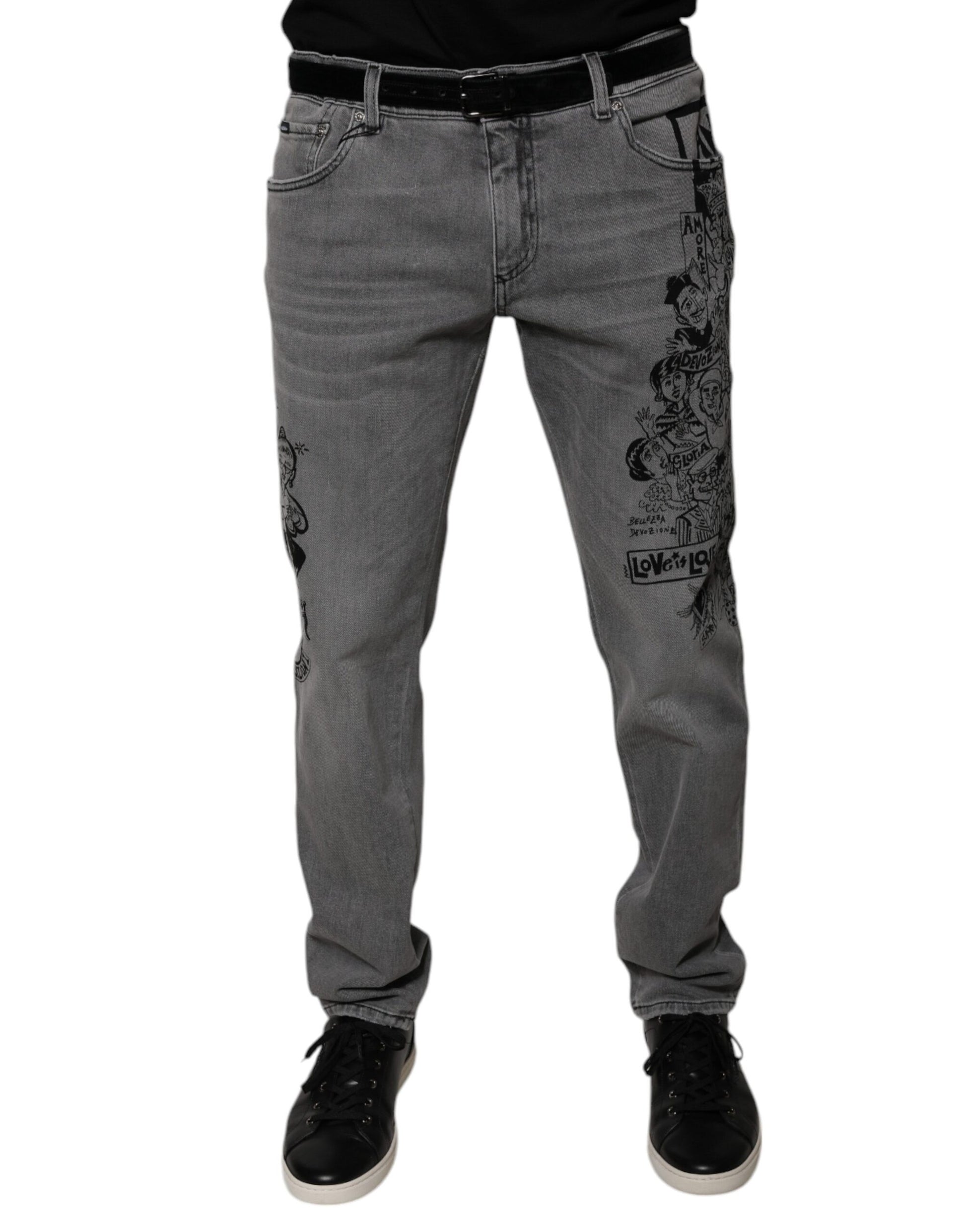 Pair of men's jeans with distressed design on legs
