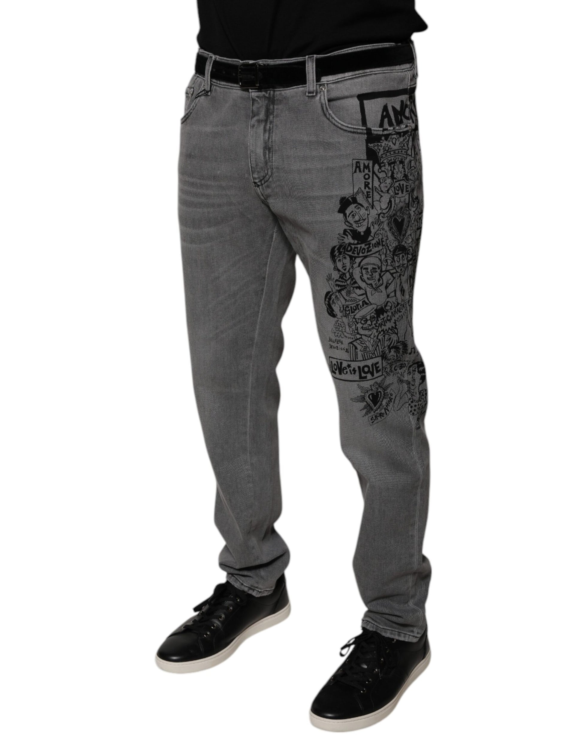 Man wearing gray jeans with graphic design on legs