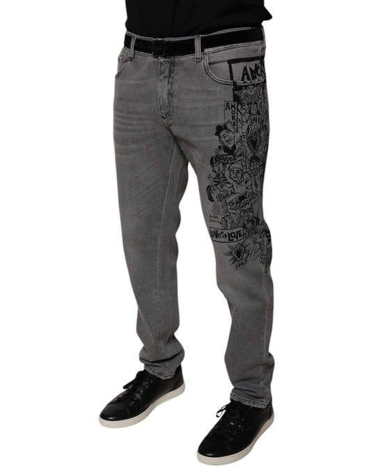 Man wearing gray jeans with graphic design on legs
