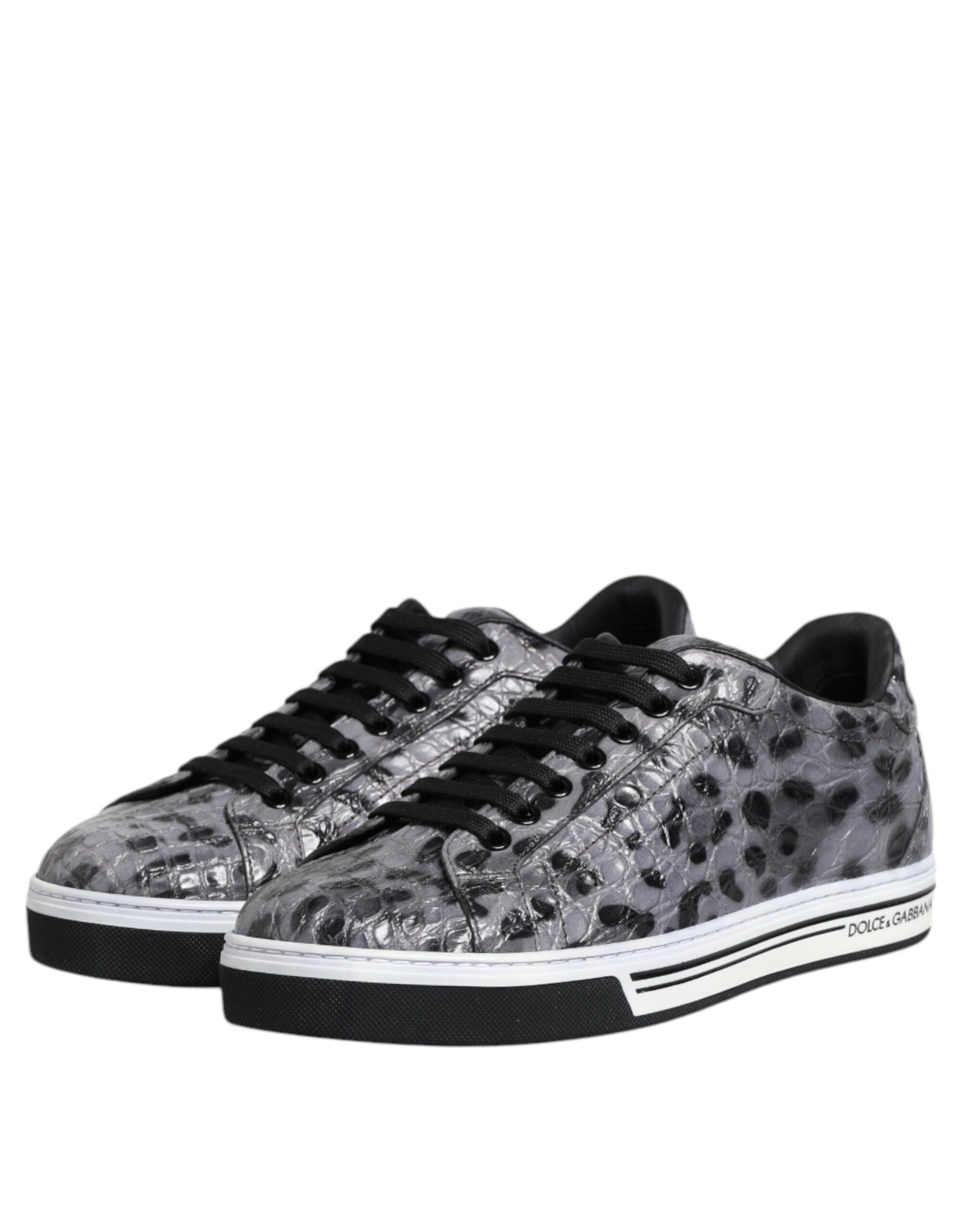 Pair of gray leather sneakers with a leopard print pattern on the side