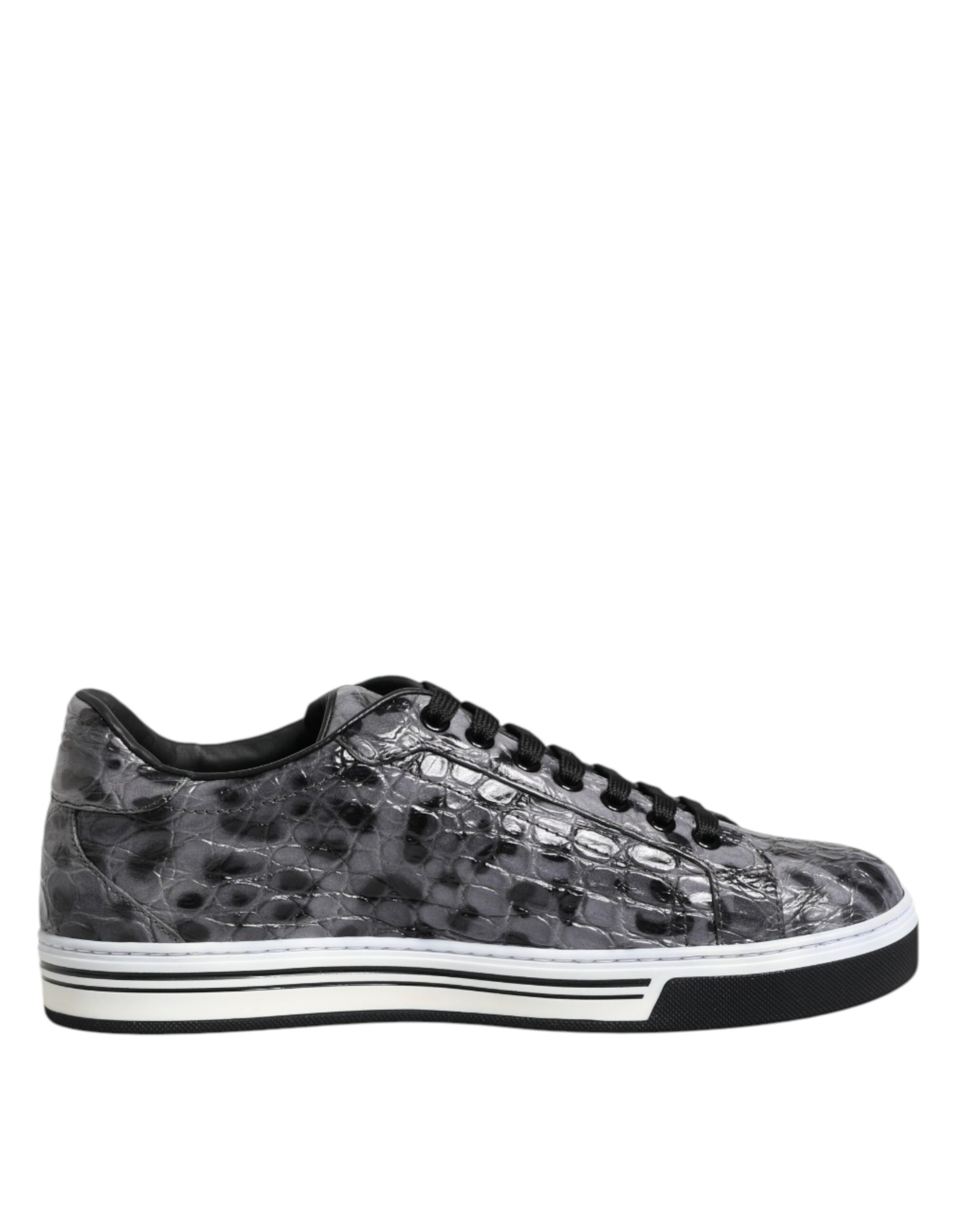 A pair of gray leather sneakers with a leopard print pattern on the side