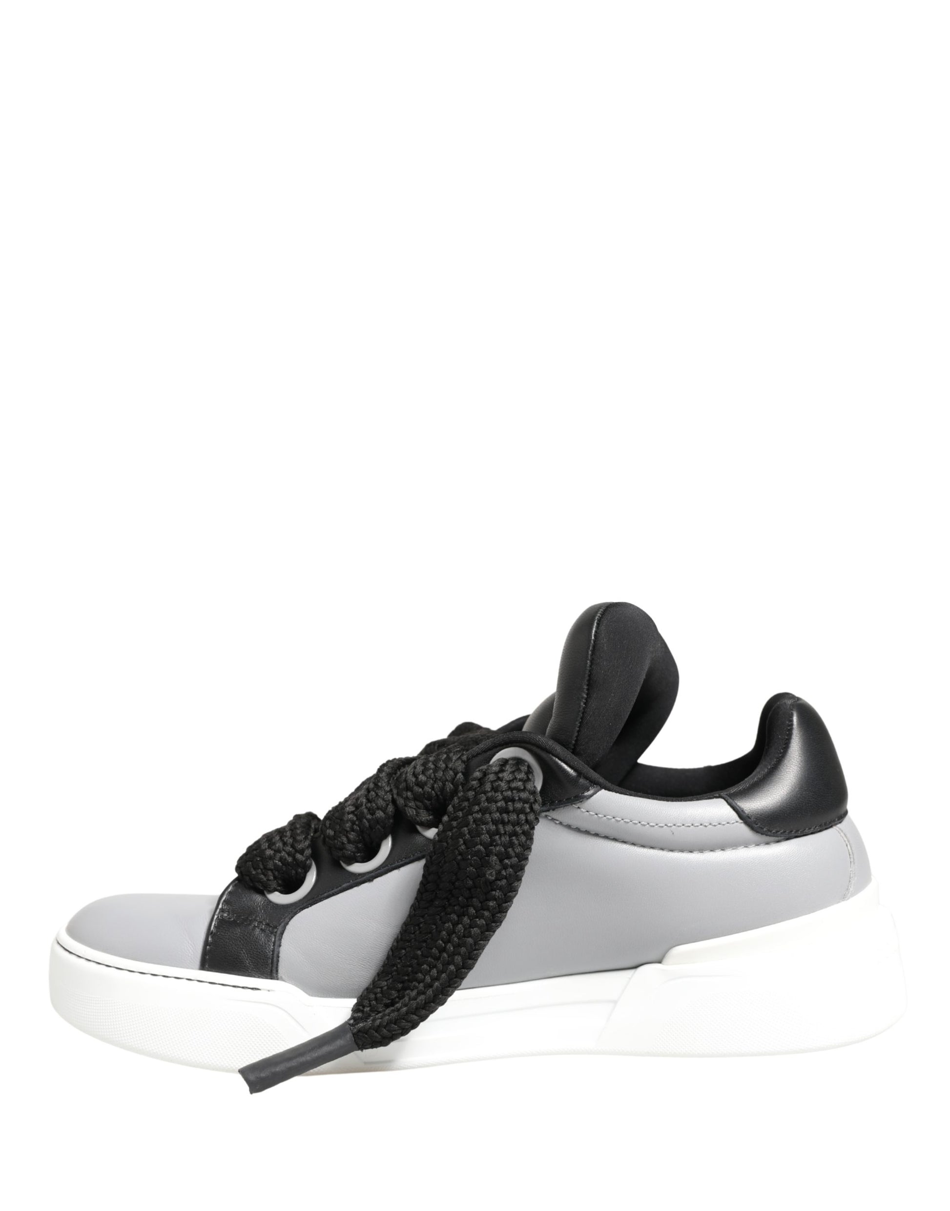 Gray leather lace-up sneakers with black accents and a low top