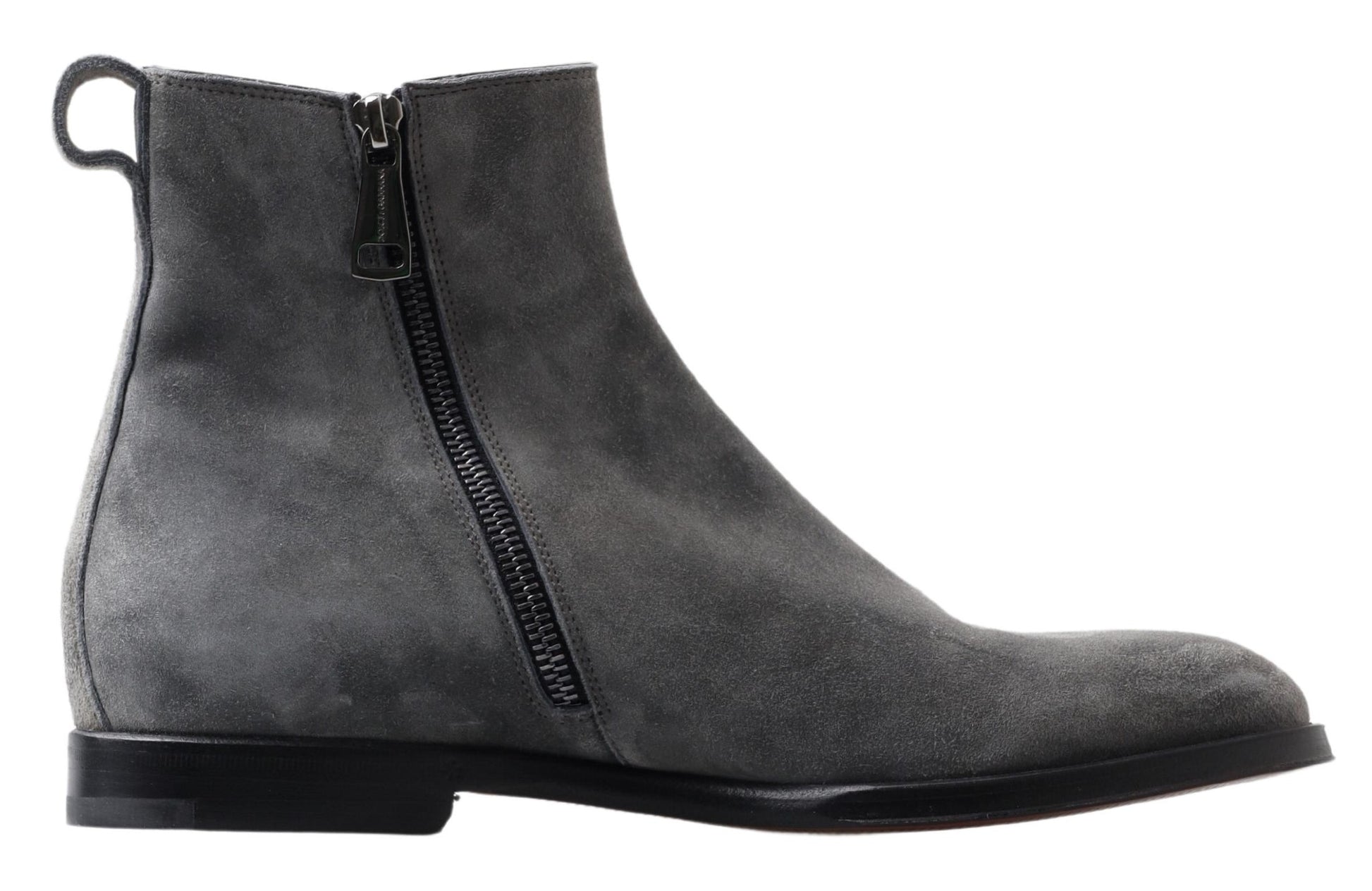 Pair of grey suede boots with zipper detailing and black laces