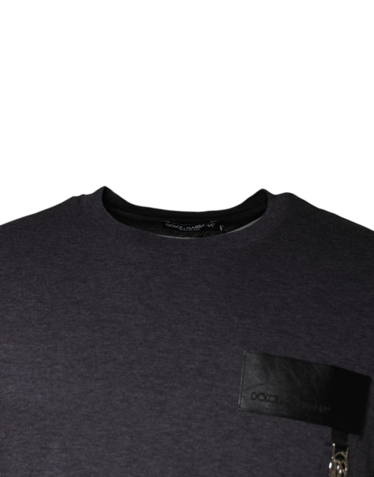 Dark grey long sleeve shirt with black stripes on front