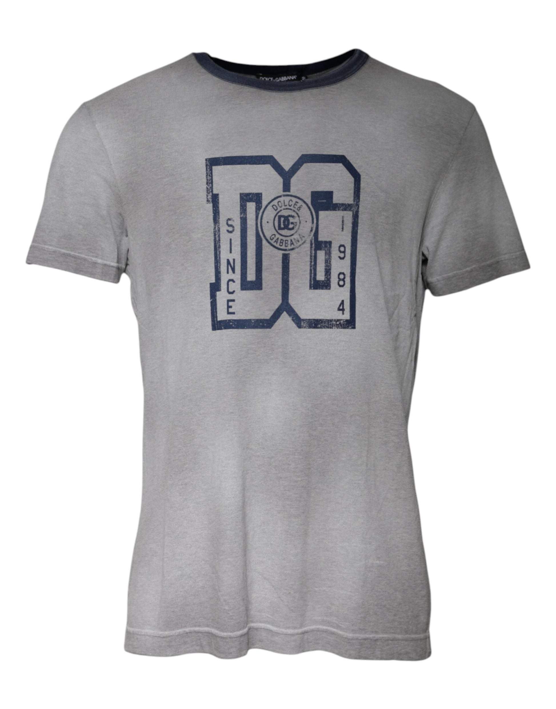 Grey t-shirt with blue lettering