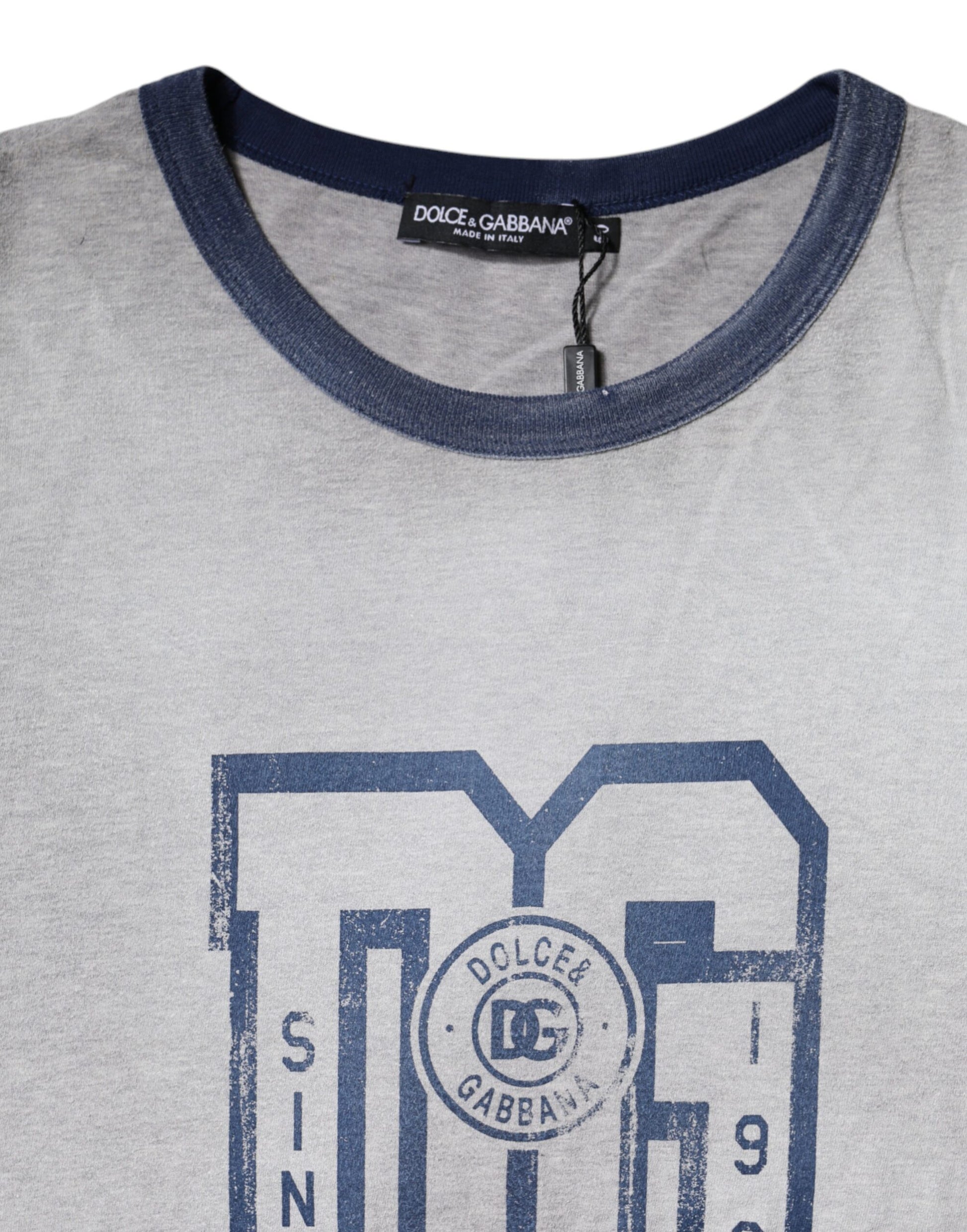 Blue and white t-shirt with embroidered logo