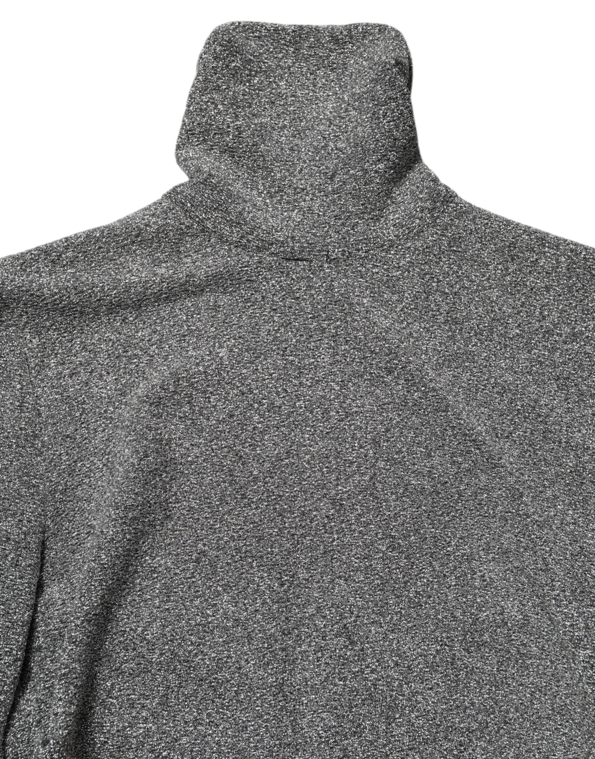 A gray nylon bodycon sheath dress with long sleeves