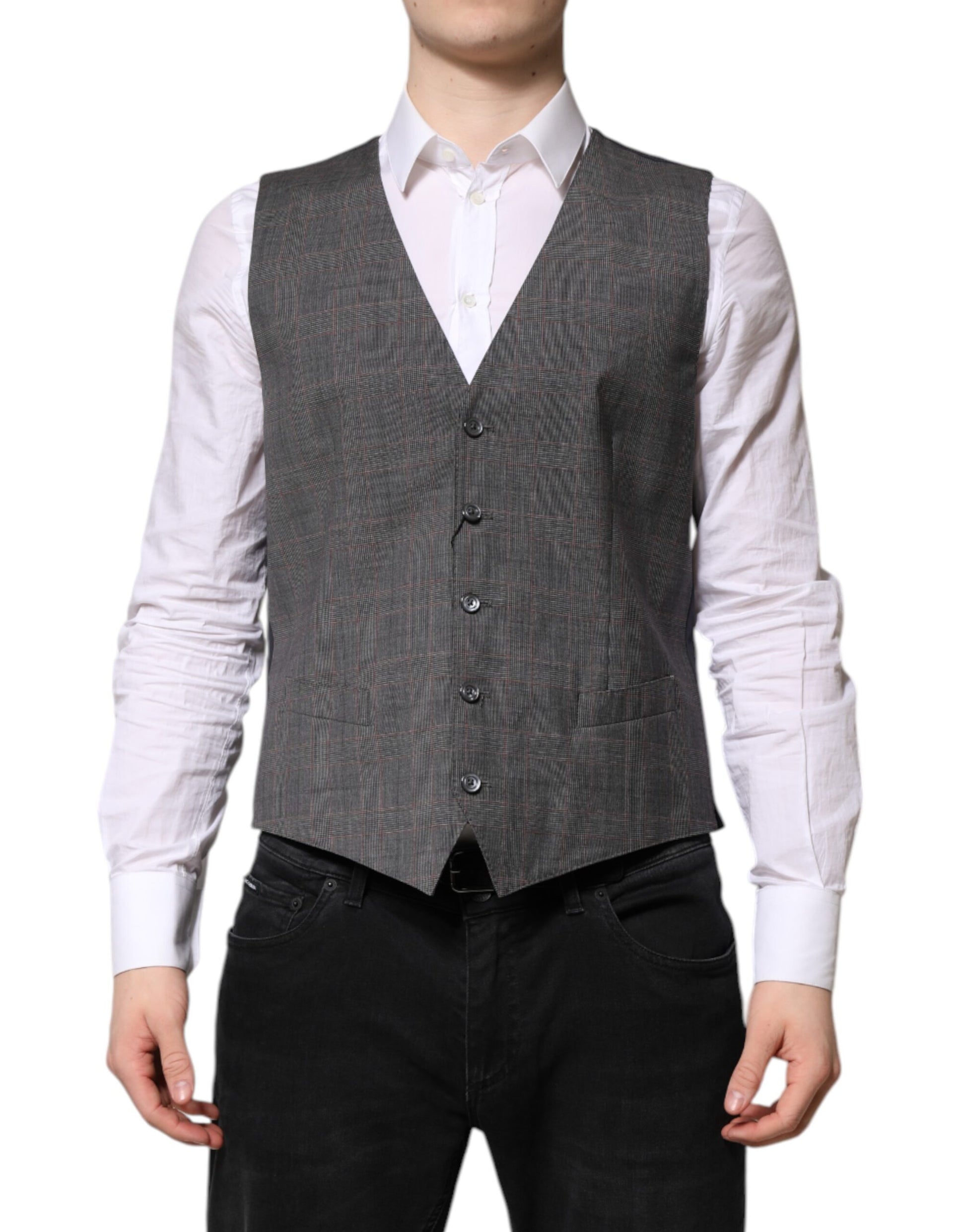 A gray plaid wool vest from Dolce & Gabbana, part of a formal dress suit