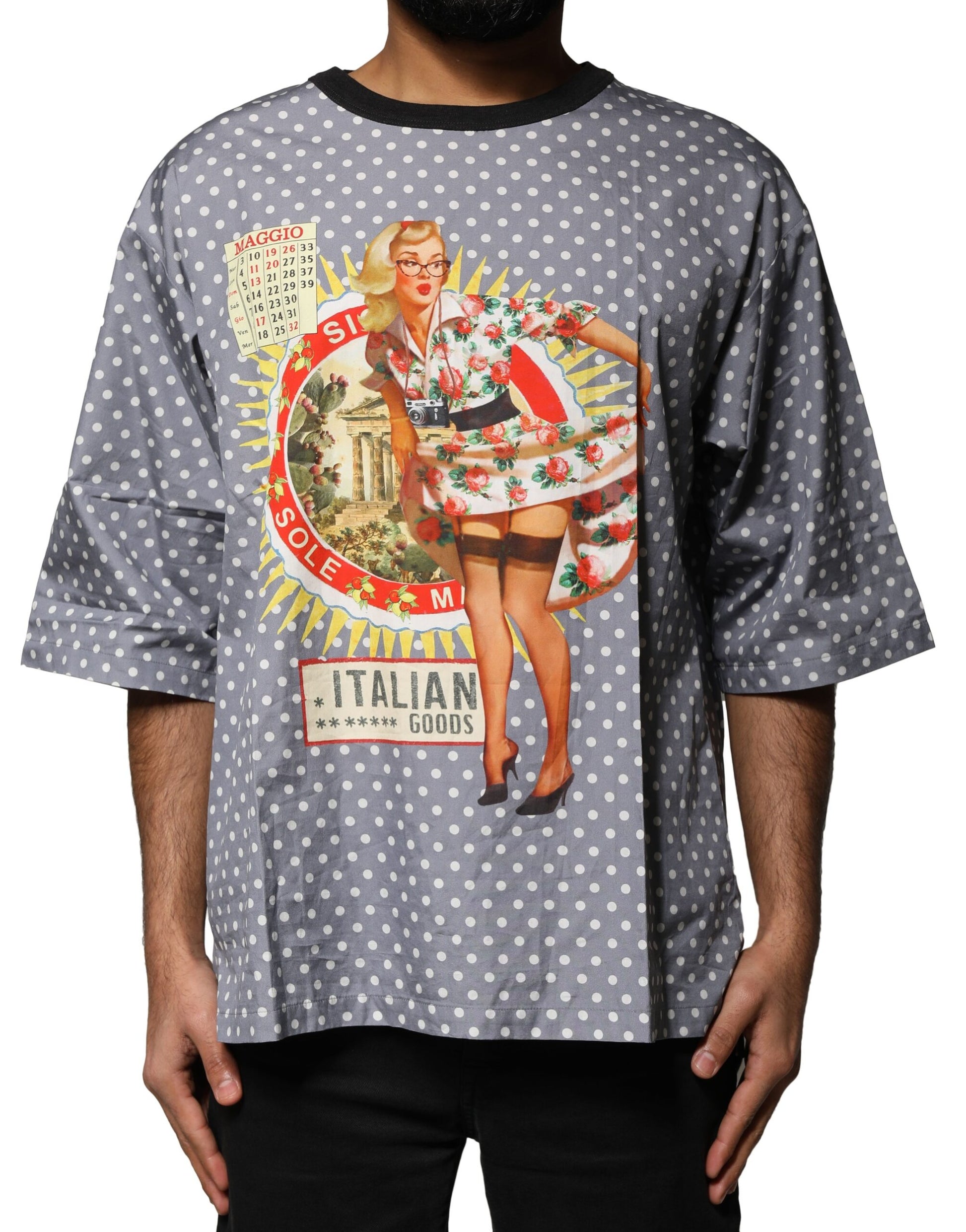 Mannequin wearing a graphic t-shirt featuring an advertisement for Italian goods