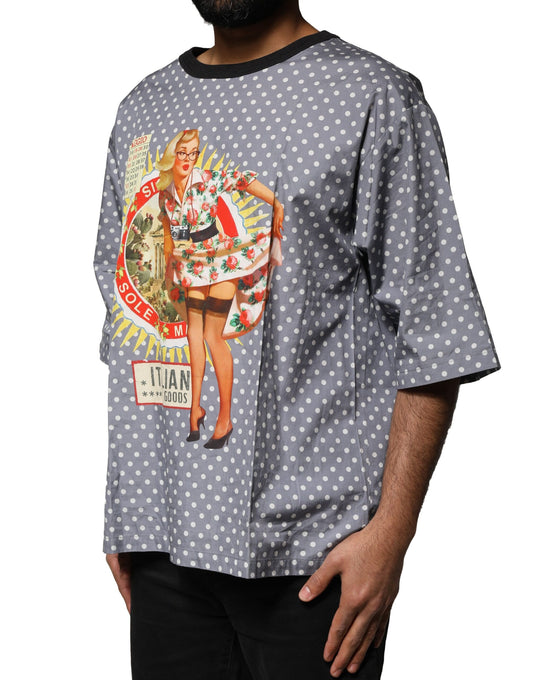 Man wearing graphic t-shirt with vintage advertisement design