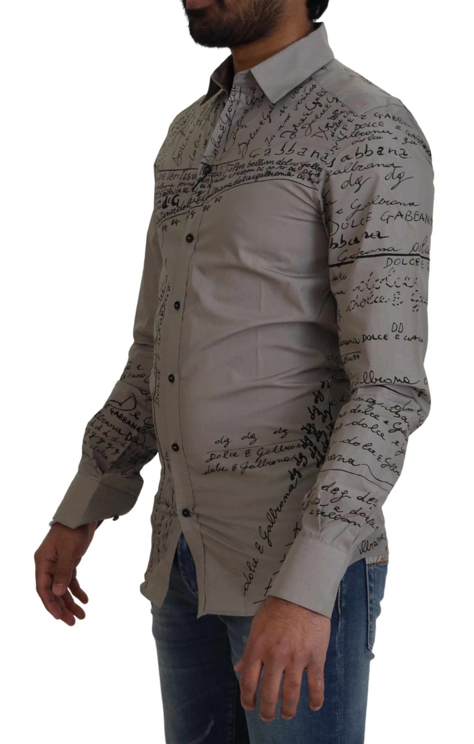 A gray printed cotton slim dress with a gold shirt design