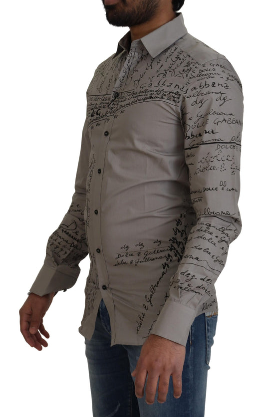 A gray printed cotton slim dress with a gold shirt design