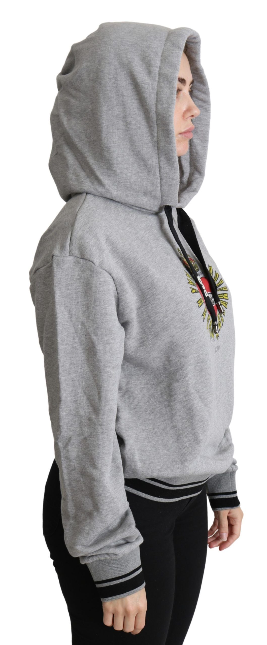 Grey hoodie with black zipper and white logo on front