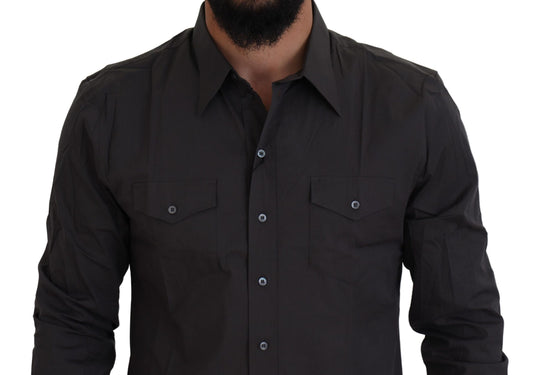A gray slim fit stretch dress shirt with buttoned front and long sleeves