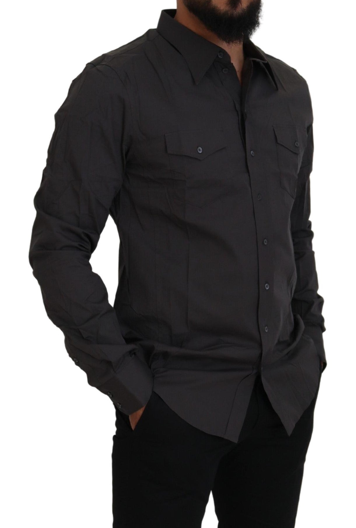 A gray slim fit stretch dress shirt from Dolce & Gabbana
