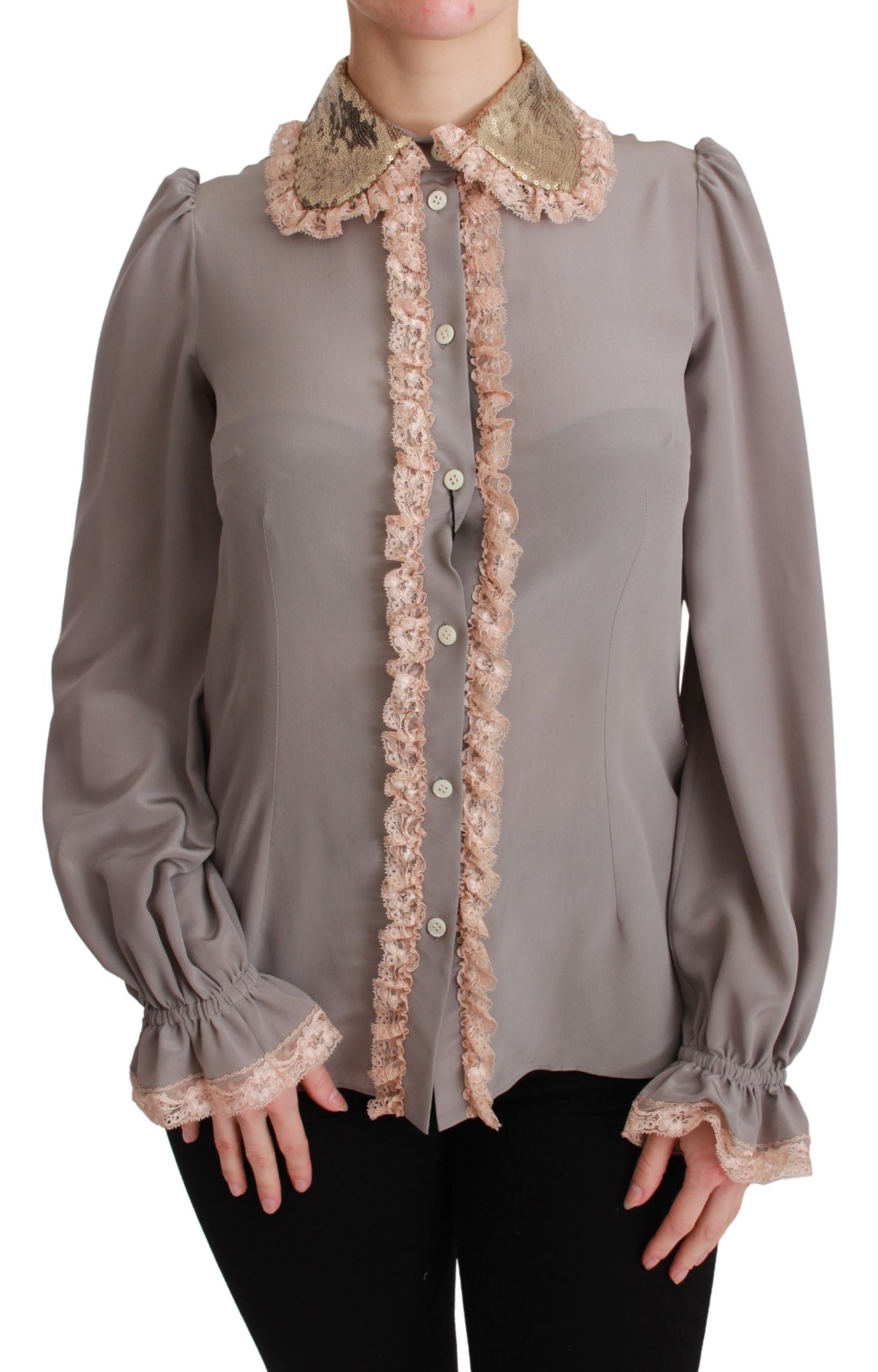 Woman's long sleeve shirt with ruffles on cuffs and collar