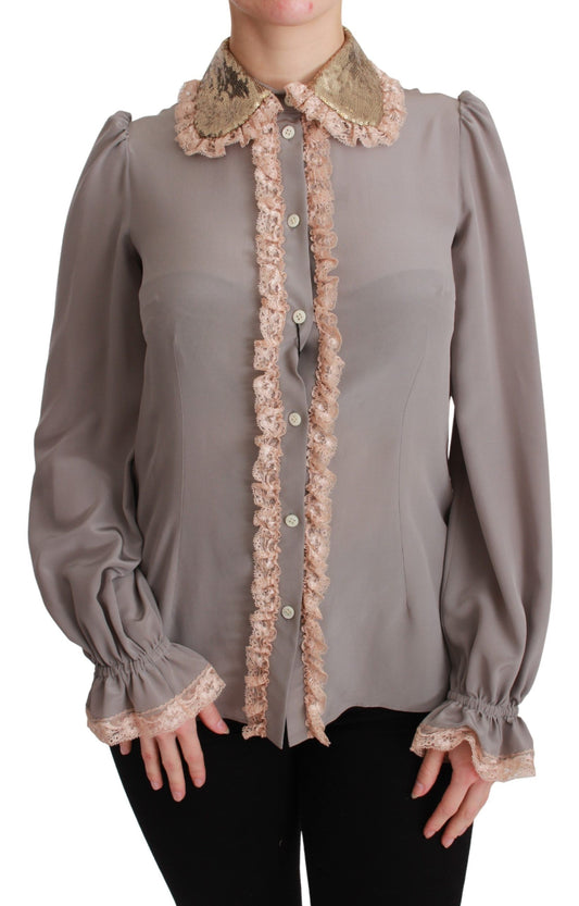 Woman's long sleeve shirt with ruffles on cuffs and collar