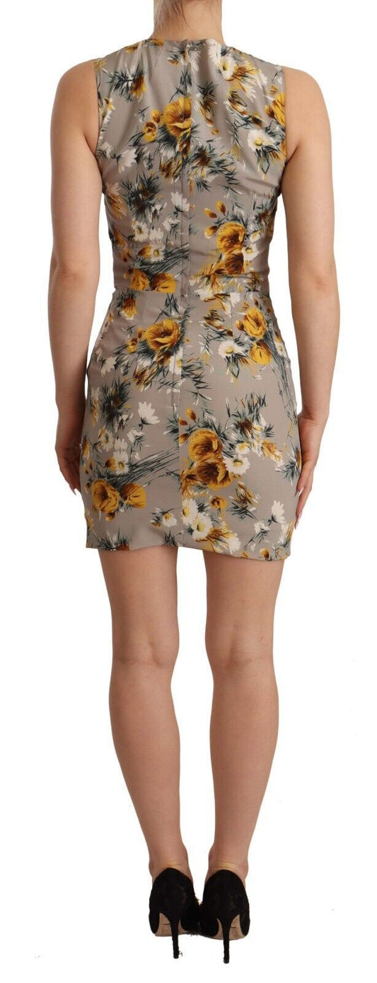 A gray floral sheath dress with stretchy fabric