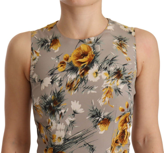 A gray silk stretch floral sheath mini dress with a V-neckline