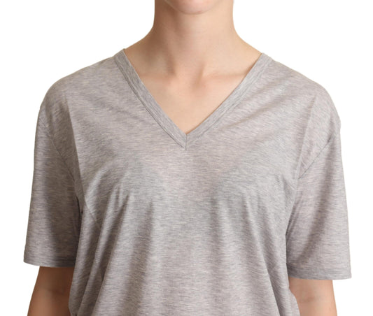 Grey heathered v-neck t-shirt on a mannequin torso