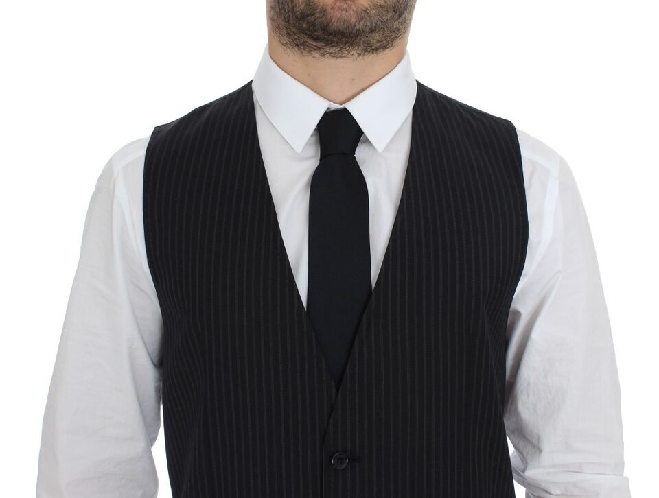 A gray vest with a striped pattern, part of a formal dress ensemble