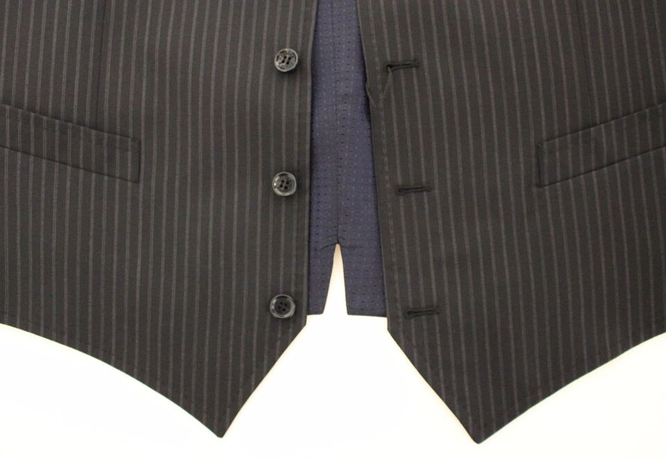 A gray vest with black stripes, part of a formal dress suit by Dolce & Gabbana