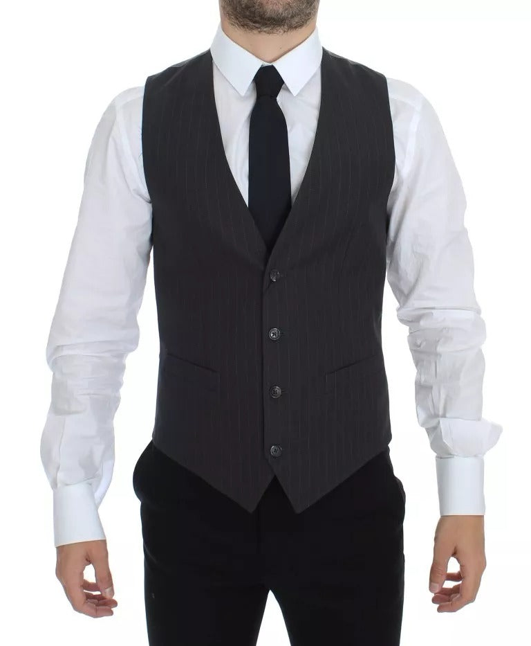 A gray striped vest with a lapel, worn by a mannequin