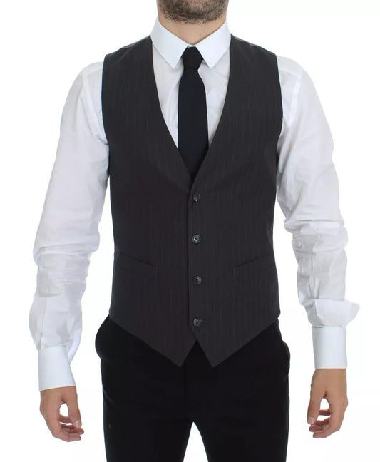A gray striped vest with a lapel, worn by a mannequin