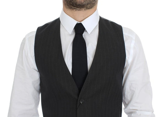 A gray striped vest with a lapel collar, part of a formal dress ensemble