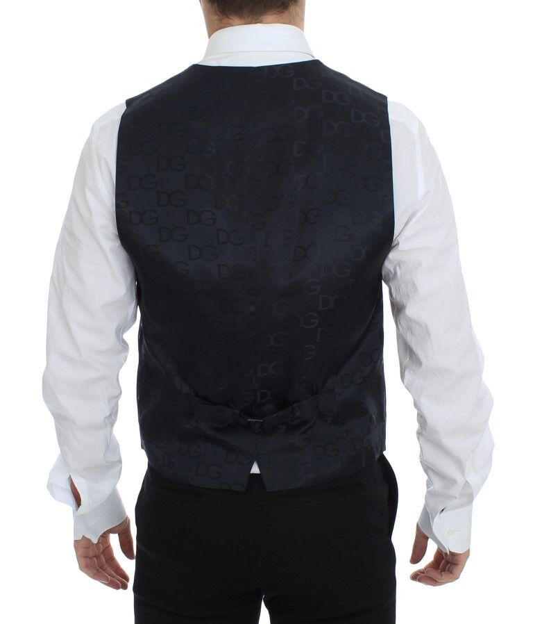 A gray striped vest with a wool and silk blend