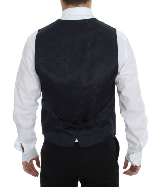 A gray striped vest with a wool and silk blend