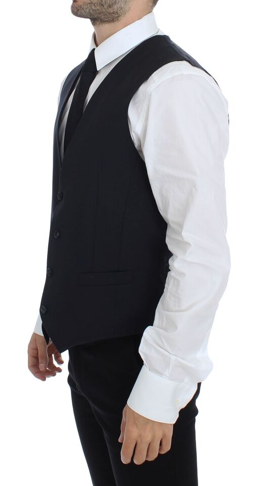 A gray striped vest with a wool and silk blend