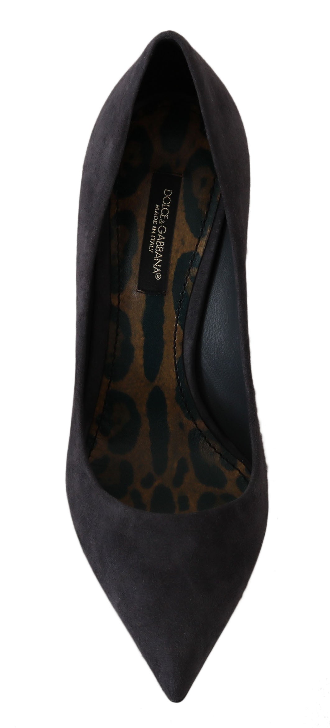 Black suede heeled shoe with animal print detailing