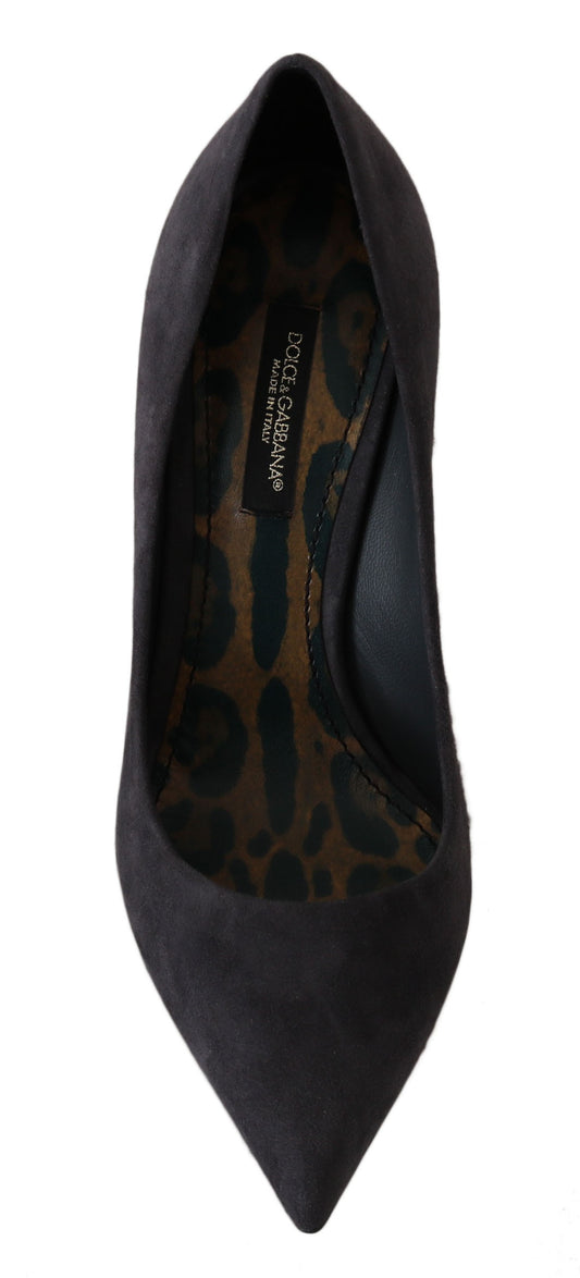 Black suede heeled shoe with animal print detailing