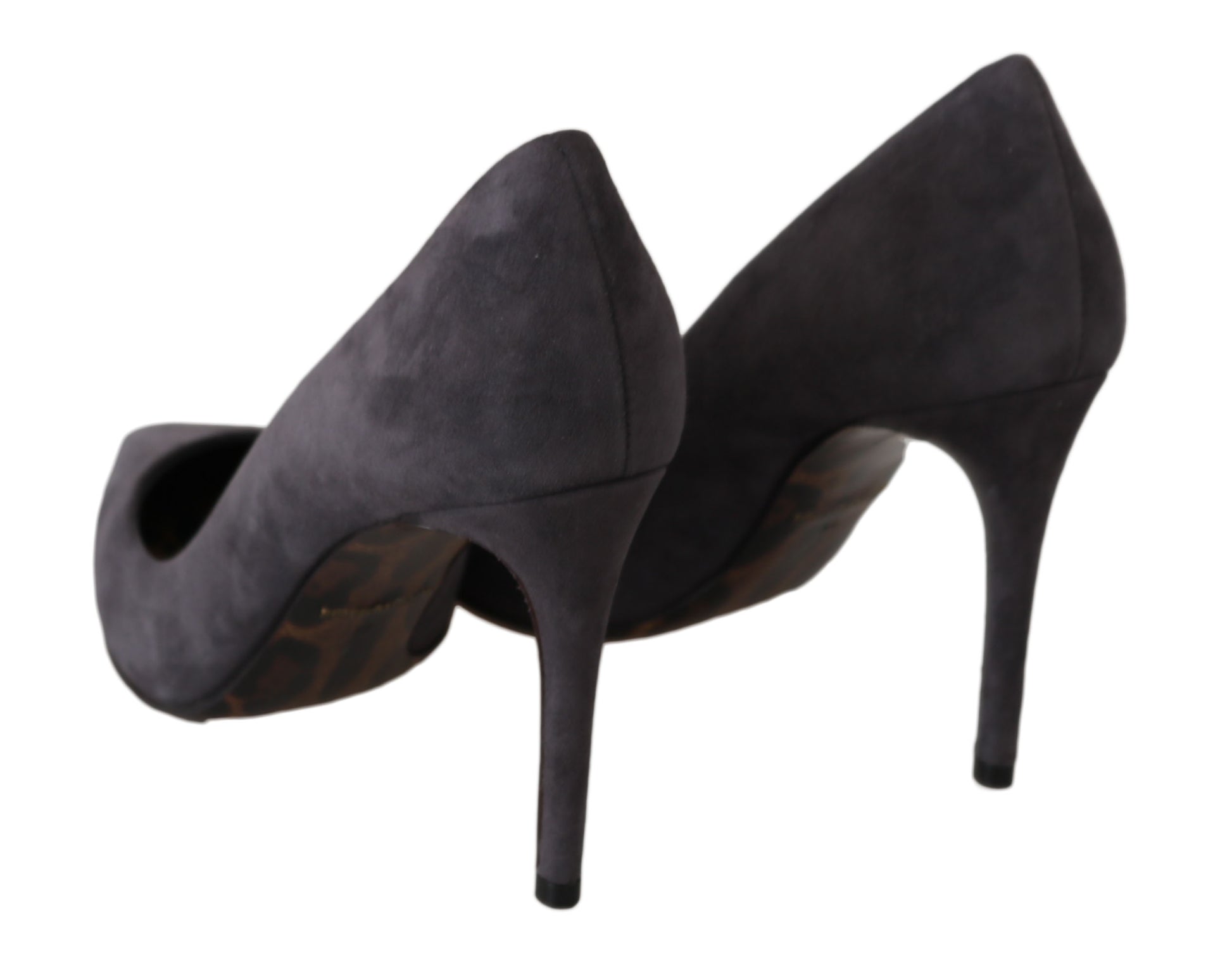 Pair of women's black suede high heel shoes with pointed toe and stiletto heels