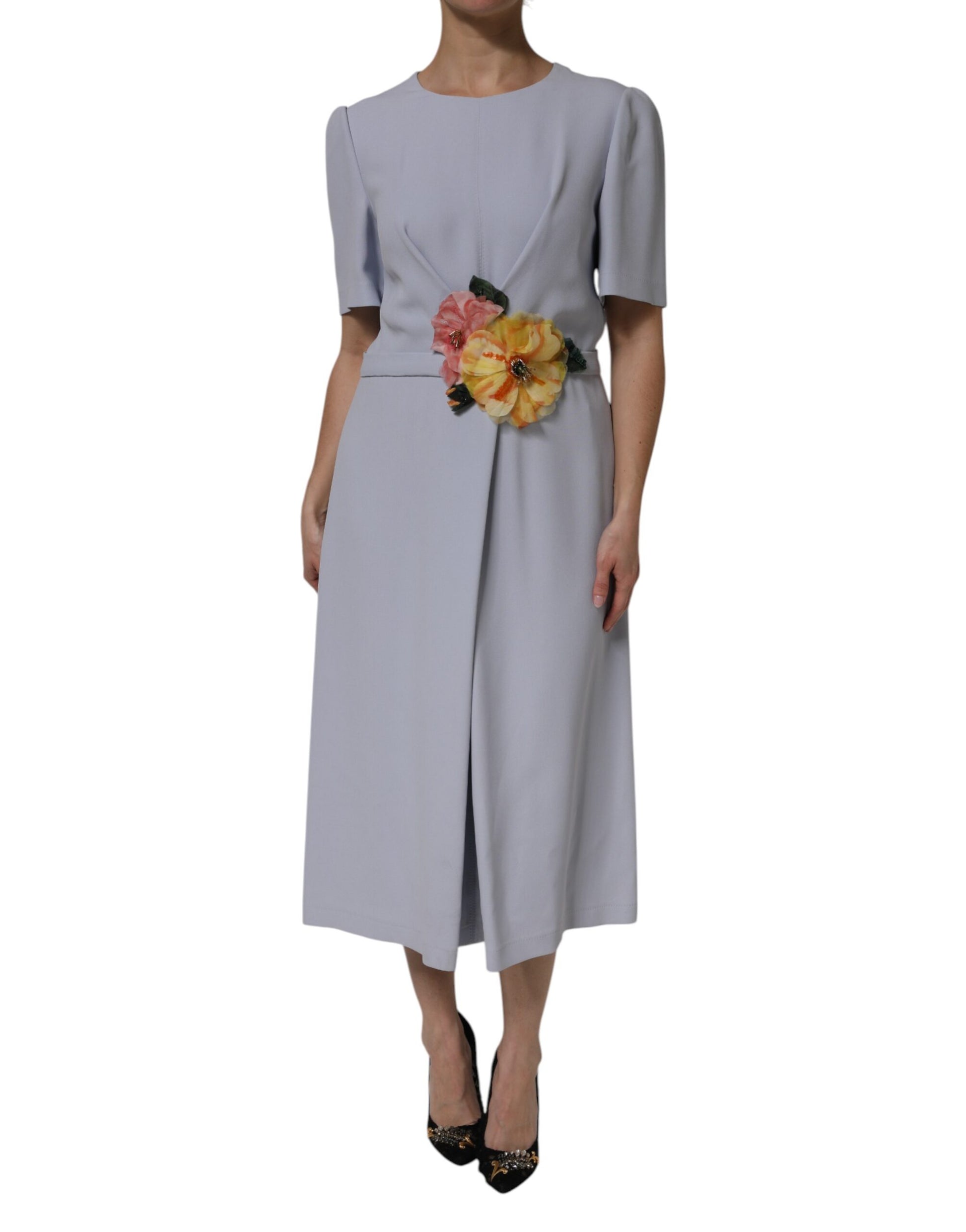 Long sleeve dress with floral embellishment on bodice